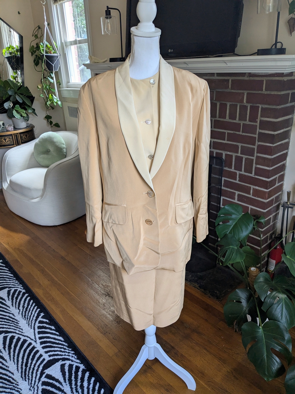 1990s Louis Feraud Tan Silk 3 Piece Skirt Suit